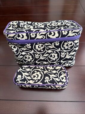 Black & Cream Floral Cosmetic Bag Set with Purple Trim
